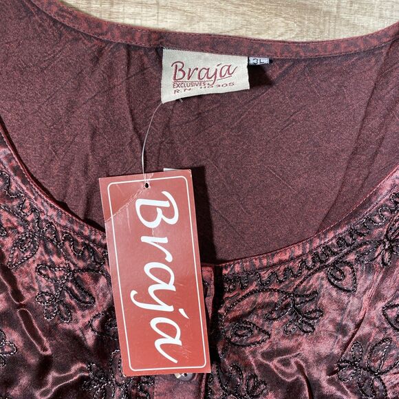 Braja Exclusives Womens 3L Red Black Artsy Embroidered Rayon Shirt Top - Picture 3 of 8